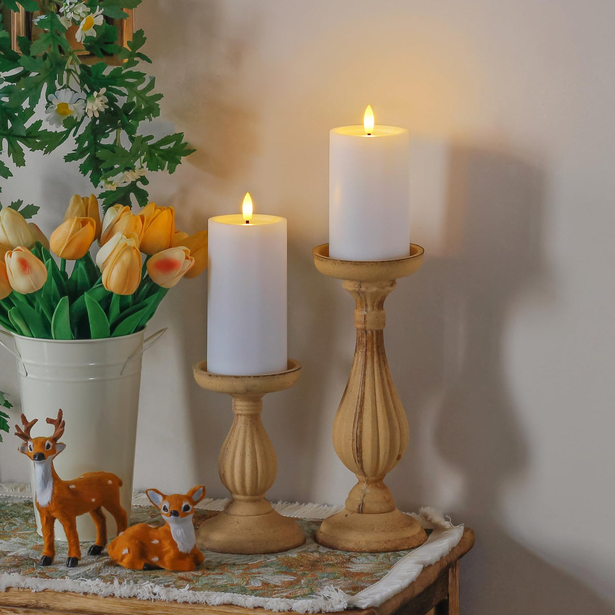 Yeelida Outdoor 6pcs Flameless Waterproof Candles with Handy Remote Control, Cycle Timer Battery Operated Candle Grease Effect LED Flickering Pillar Plastic Long Lasting (White, 3" x4" 5" 5" 6" 6" 7")