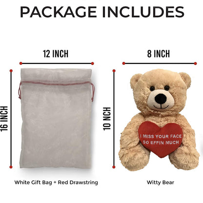 I Miss Your Face So Effin Much - 10" Teddy Bear & Gift Bag - Funny Stuffed Animal Plush Gift for Girlfriend, Boyfriend, Best Friend - Birthday, Anniversary, Valentines, or Long Distance - Witty Bears