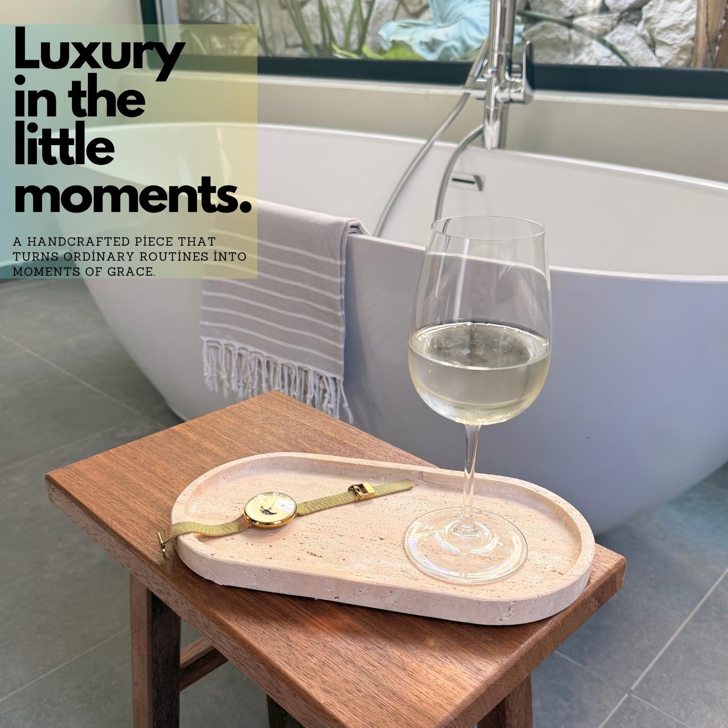 Natural Travertine Oval Tray 12”x6” – Vanity & Bathroom Counter Tray for Perfume, Candles & Jewelry | Heavy Stone Decorative Marble Tray with Non-Slip Pads