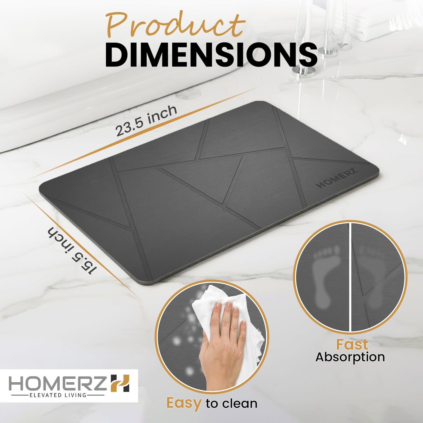 Homerz Stone Bath Mat – Premium Diatomaceous Earth Bath Mat, Rock Absorbent Bath Mats for Bathroom, Modern Stone Drying Mat, Shower Mat Outside Shower, Tapetes para Baño 23.6"x15.3" Gray