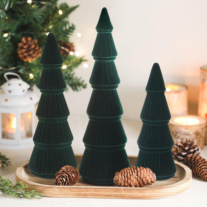 Bucherry 3 PCS Velvet Christmas Tree Figurines Decoration - 8" 10" 14" Modern Cone Christmas Tabletop Home Rustic Centerpiece Set for Winter Holiday Mantel Entryway Party Decor(Green)