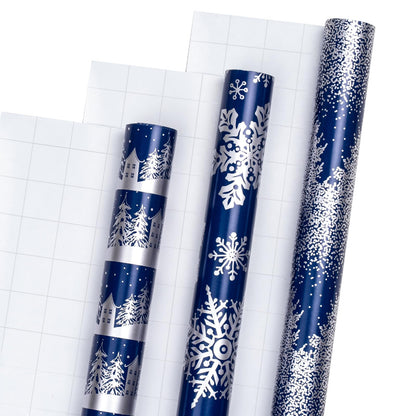 LeZakaa Christmas Wrapping Paper Bundle -Mini Roll with Bow, Ribbon, Sticker, Gift Tag -Navy with Silver Foil Design with Snowy Woodland Scenes/Snowflake/Tree-17x120 inches-3 Rolls (42.5sq.ft.ttl.)