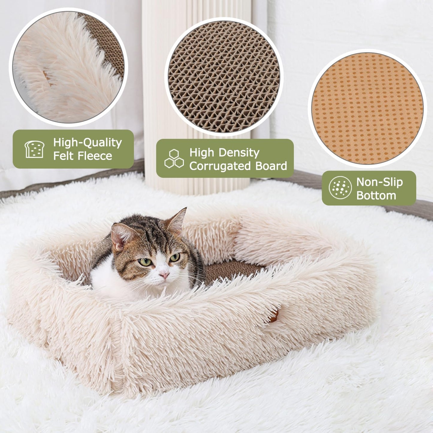 TIGOADT Fluffy Cat Scratcher Lounge Box with Removable Cardboard,Cat Rectangular Bed with Corrugated Board, Pet Scratching Pad for Furniture Protection, Training Toy (Beige)