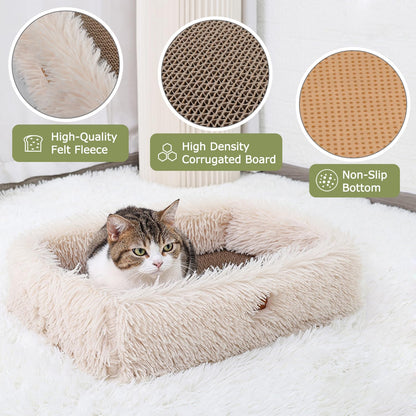 TIGOADT Fluffy Cat Scratcher Lounge Box with Removable Cardboard,Cat Rectangular Bed with Corrugated Board, Pet Scratching Pad for Furniture Protection, Training Toy (Beige)
