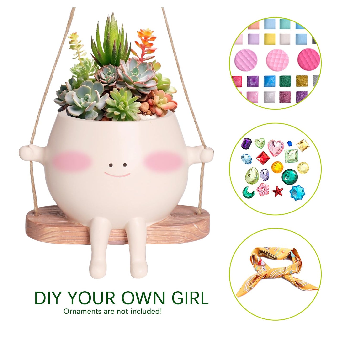 Swing Smily Face Planter Pot Cute Hanging Flower Head Planters for Indoor Outdoor Resin Face Planter Plus Size Succulents Plants Pots for Christmas Mother's Day Planters Gift Ideas