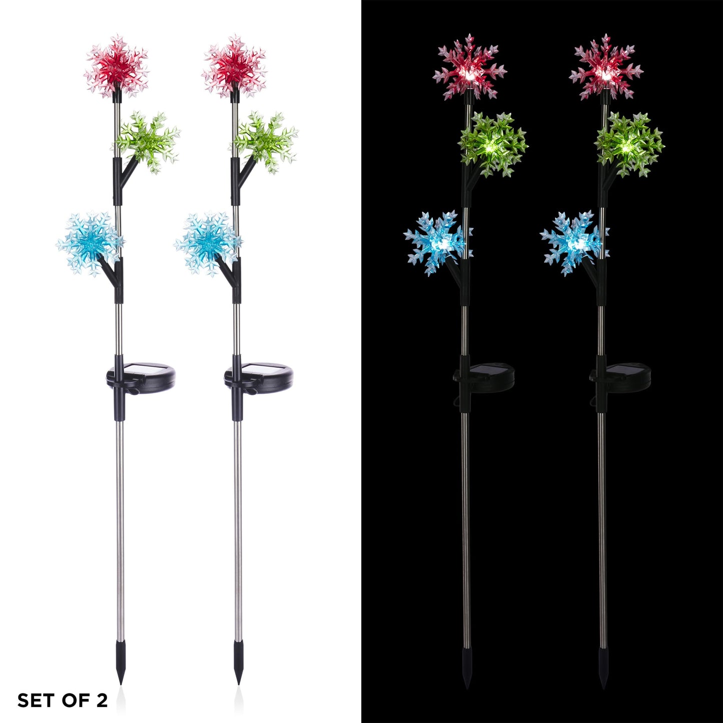 Alpine Corporation 32" Tall Outdoor Tiered Snowflake Garden Solar Stakes with 3 Cool White LED Lights - Set of 2 Christmas Decorations