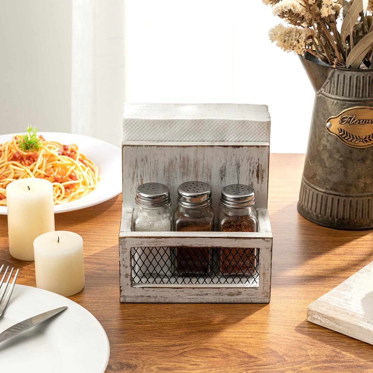FARM IN Napkin Holder, Farmhouse Multifunctional Napkin Holder with Salt and Pepper Shakers Holder for Home and Commercial Use, Rustic Solid White Washed Wood & Diamond Metal Wire Mesh