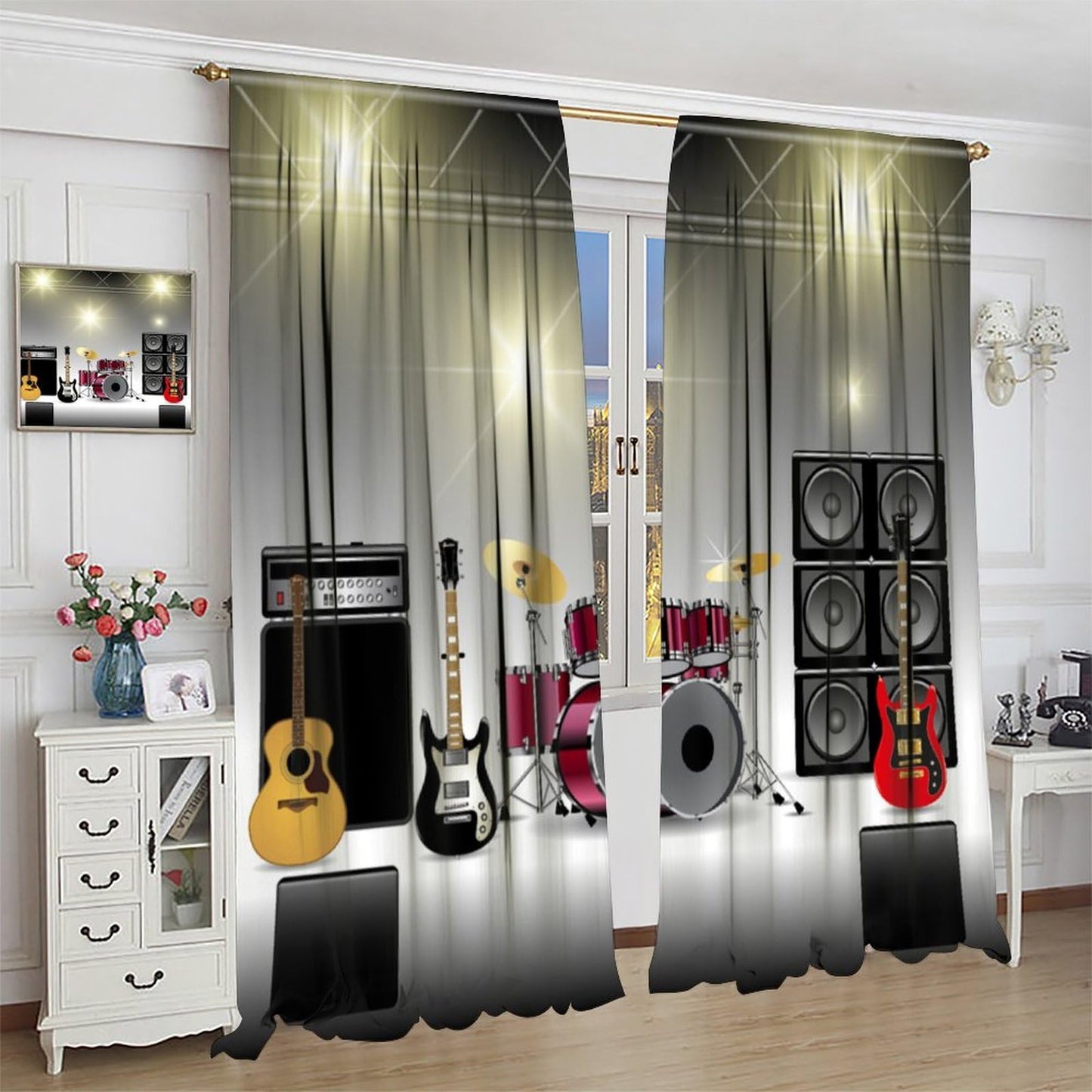 FAOTELY Rock Music Curtains Teens Boys Electronic Musical Instrument Curtain Guitar Drum Speaker Blackout Window Drapes for Bedroom Living Room Kitchen Cafe Decor （W21xL45 Inch） x2 Decor