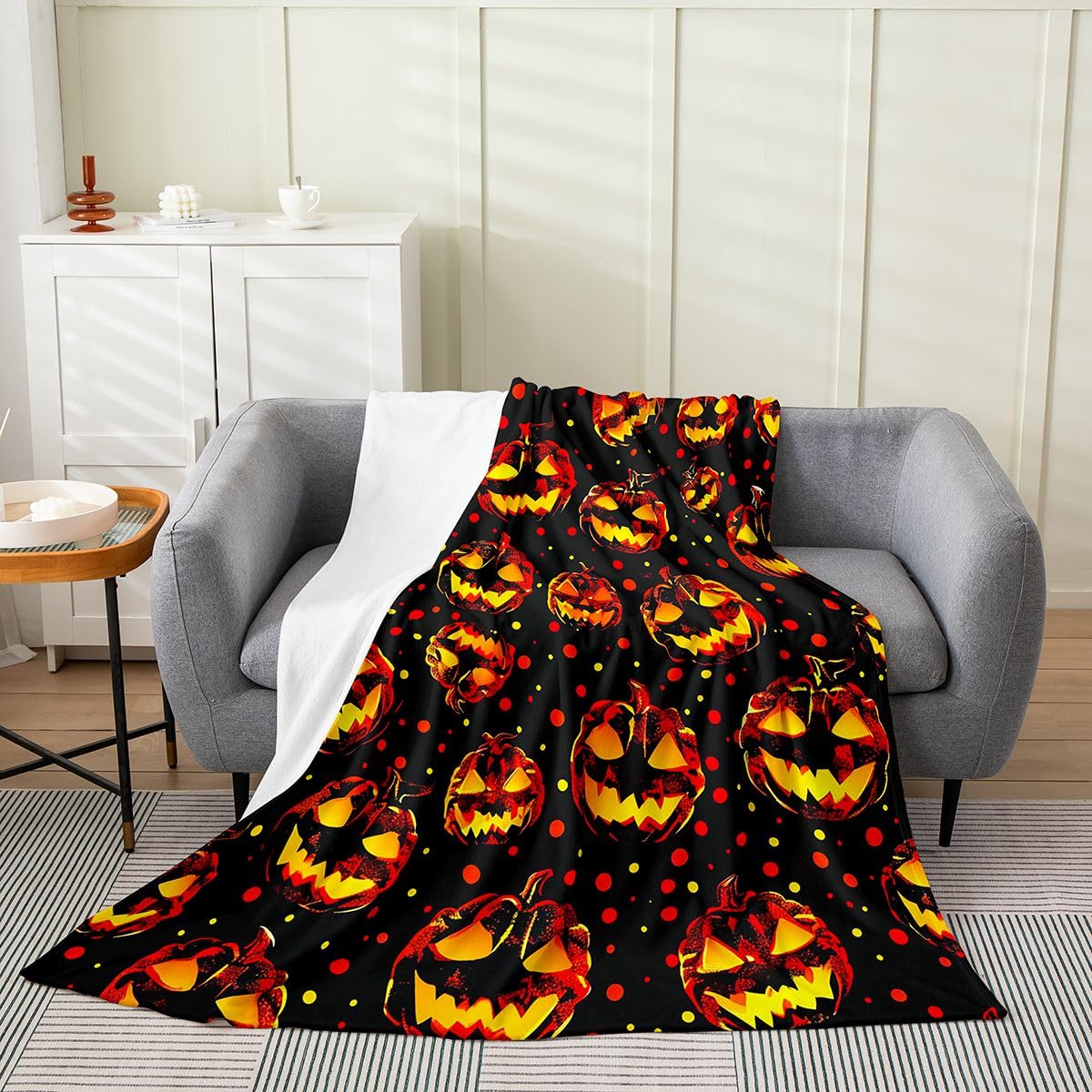 Feelyou Spooky Pumpkin Flannel Blanket Plush Fuzzy Halloween Themed Fleece Throw Blanket for Boys Girls Trick or Treat Plush Lightweight Sofa Throw Throw 50"x60" for Bed Couch Chair Living Room