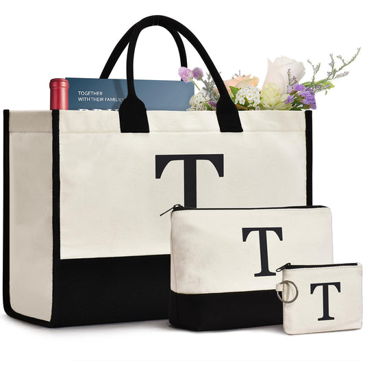 GASSDA Initial Canvas Tote Bag, Birthday Gifts For Women, Monogram Personalized Gifts For Women Mom Teachers Bridesmaids (T 3PCS)