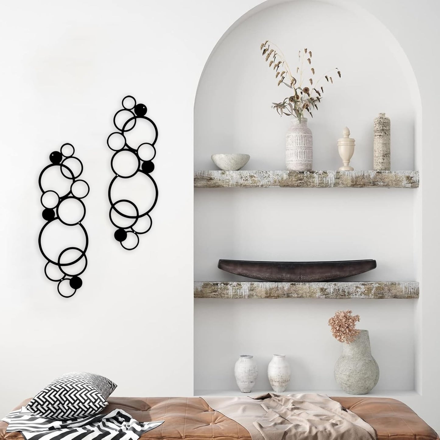 ELENWYNN 2 Pcs Abstract Metal Wall Decor, Minimalist Hanging Single Line Art, Modern Geometrical Sculptures Painting for Living Room Bedroom Bathroom Study Home Ornamental-Black,17.3x5.7in