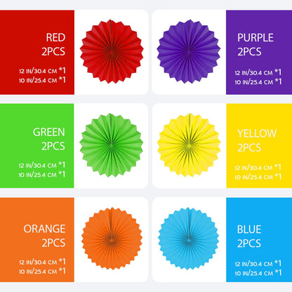 AimtoHome Rainbow Paper Round Fan Decorations,Vibrant Red Green Yellow Blue Orange Purple Hanging Fans, Fiesta Party Decor, Wedding Birthday Backdrop, Back to School Decor, Set of 12, 10", 12"