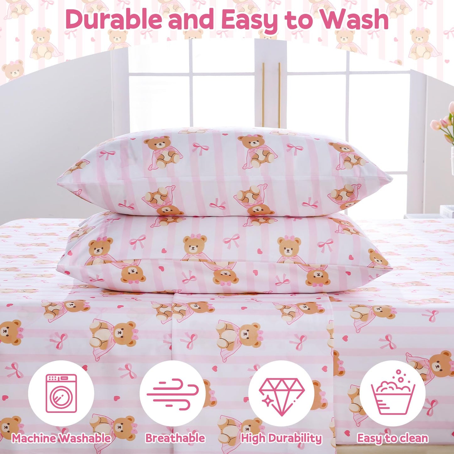 ChicView Queen Sheet Set Kids,4 Pieces Breathable Soft Microfiber Bedsheets for Child Boys Girls, Anti Pilling Deep Pockets Easy Care Bed Sheets, Teddy