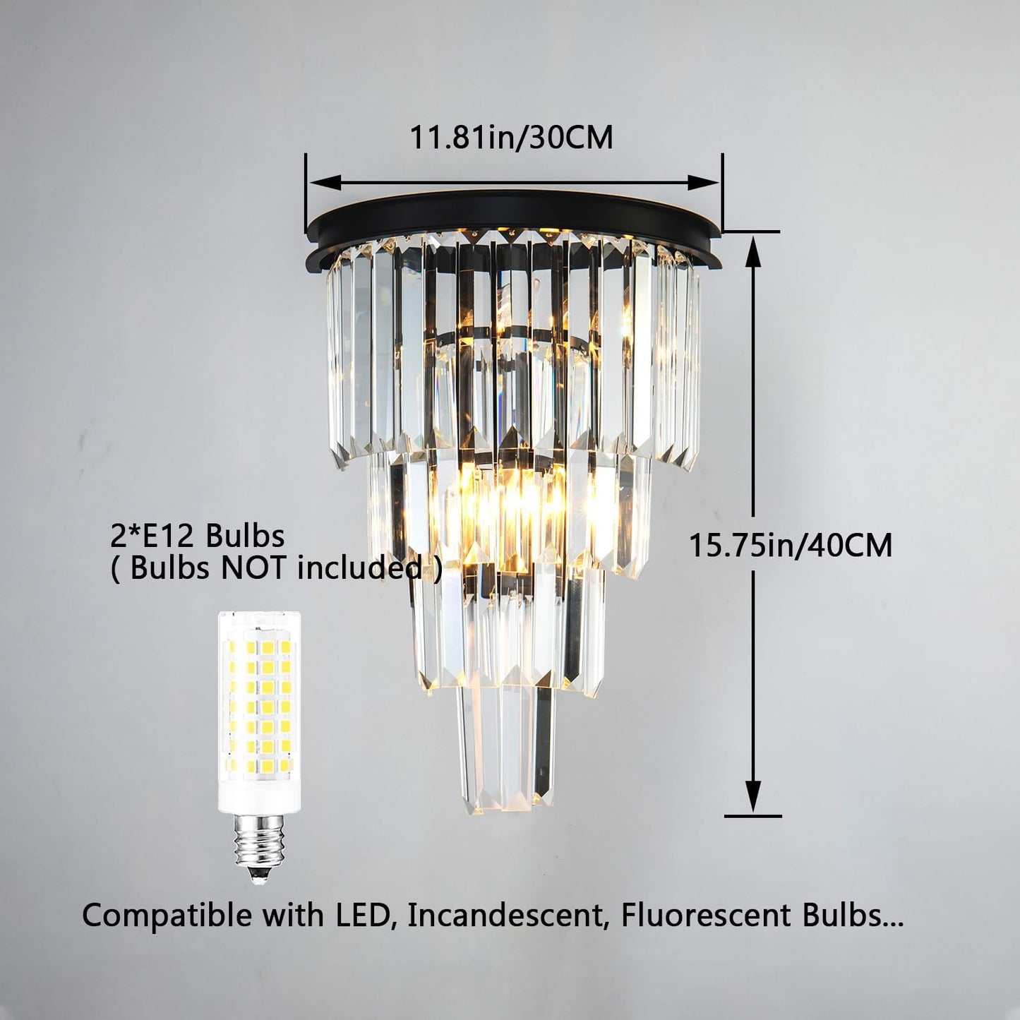 DOYFDOX Black Crystal Wall Sconce, Modern 4-Tiers K9 Clear Crystal Wall Light Bedside Wall Mount Lamp for Living Room Bedroom Mirror Dining Room Hallway Foyer Lighting Fixture