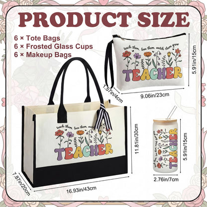 Sanwuta 6 Sets Teacher Appreciation Gifts for Women Thank You End of Year Teacher Gifts Set Include Tote Bag, Makeup Bag & 16oz Glass Cup for Employee Women Graduation Birthday School Office Supplies