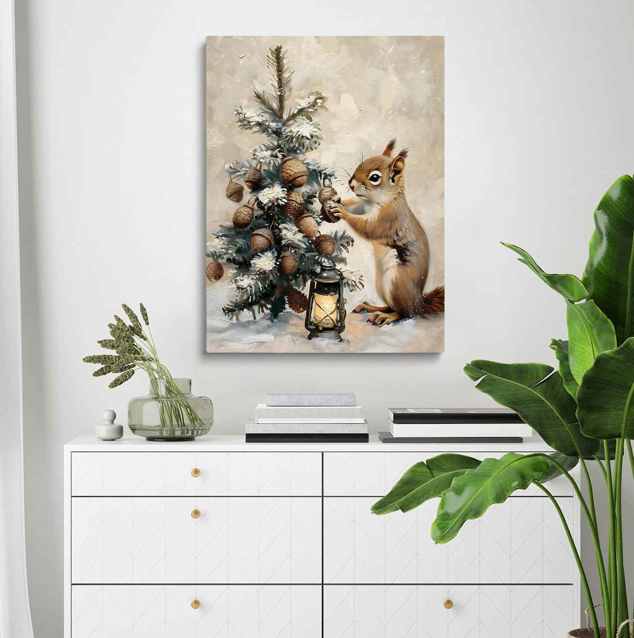 Tree Decor Winter Wall Art, Winter Squirrel Print, Snowy Pine Tree, Rustic Lantern, Acorn Ornaments, Holiday Scene Art, Woodland Christmas,Christmas Rustic Farmhouse Decor 16x24inch Unframed