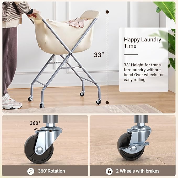 ELYKEN Laundry Cart with Wheels, 33”H Easy Rolling Laundry Hamper with