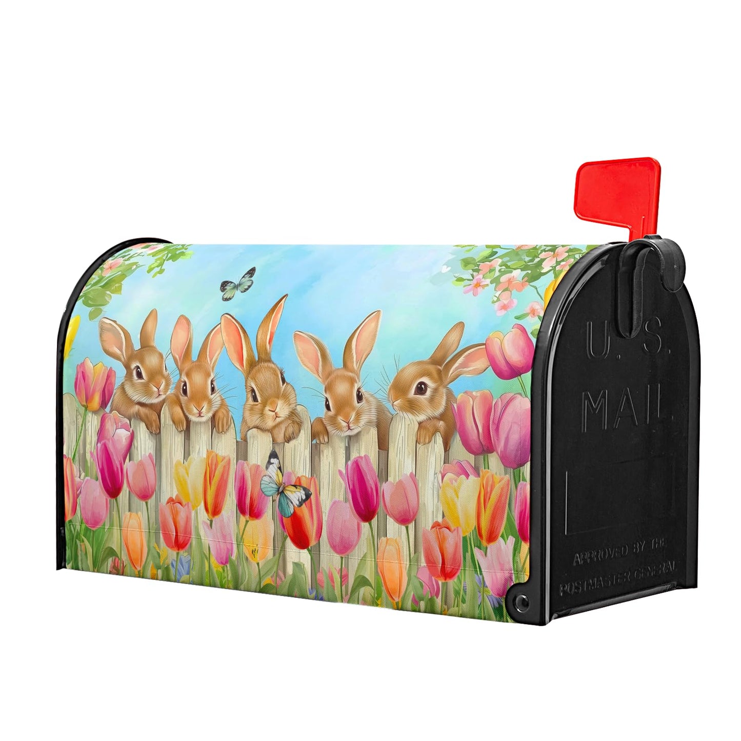 Sweetshow Easter Bunny Mailbox Covers Magnetic Standard Size 18" X 21",Spring Summer Butterfly Tulip Flowers Mailbox Wraps Post Letter Box Cover for Outside Garden Yard Decor