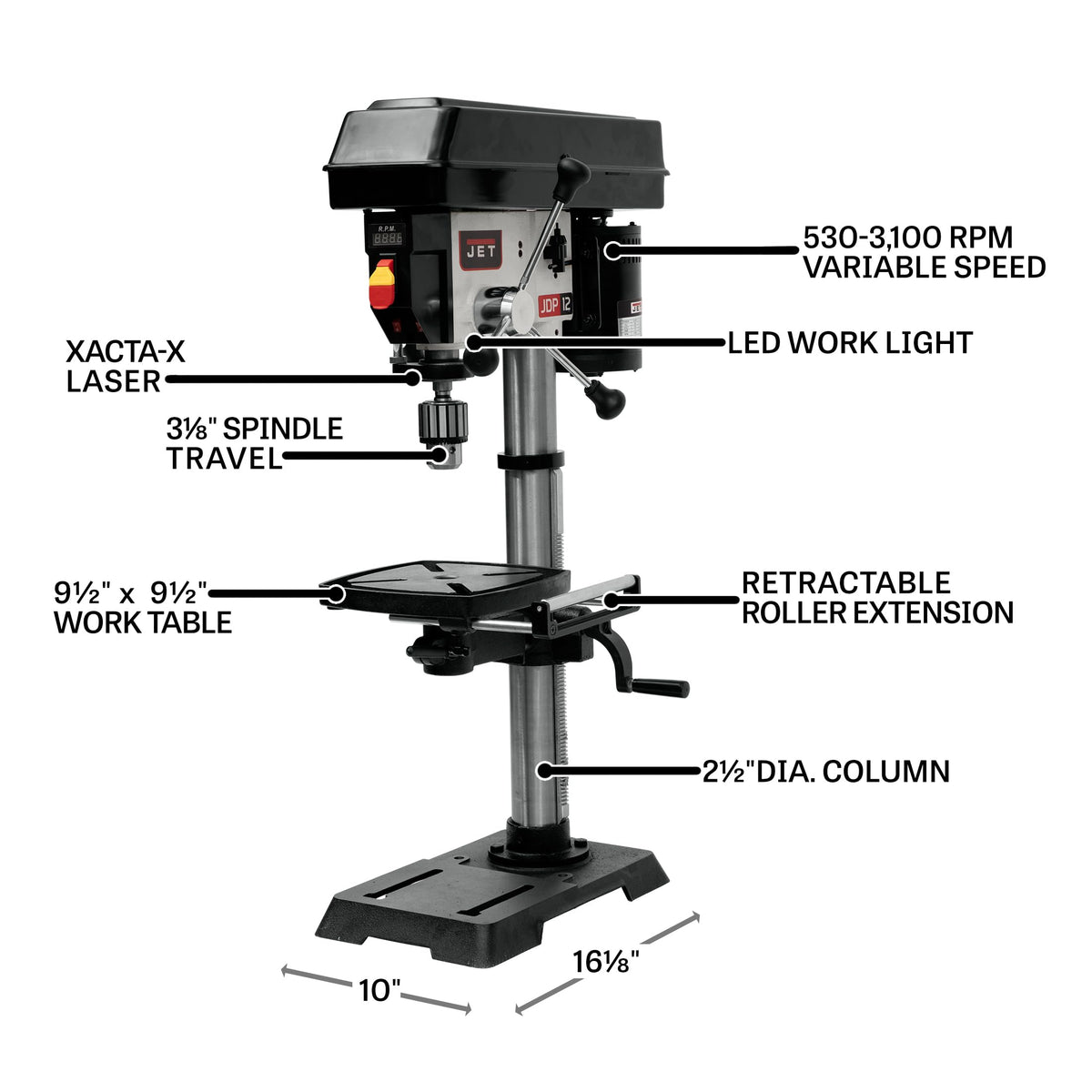 JET 12-Inch Benchtop Drill Press, Variable Speed, 1/2 HP, 115V 1Ph (Model JWDP-12)