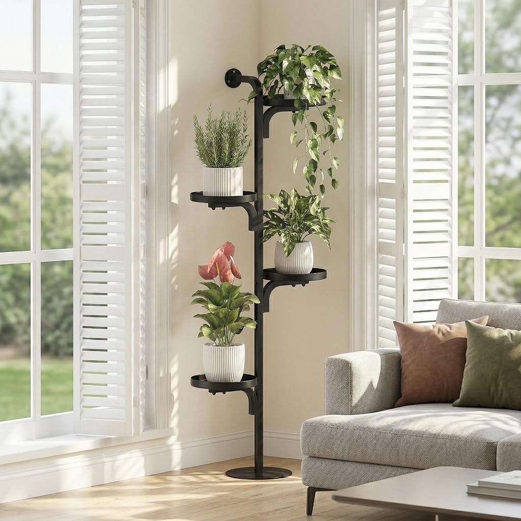 GENTINGBRO Corner Plant Stand Tall Plant Shelf Indoor Tiered Flower Stand For Multiple Pots Metal Rack For Living Room Bedroom Balcony Black