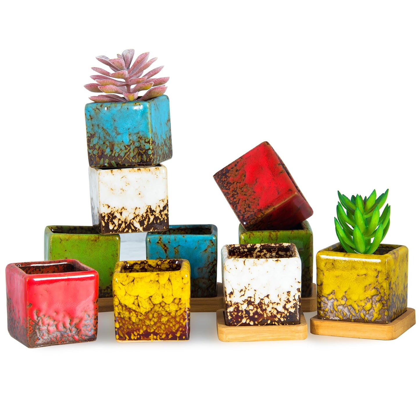 Set of 10 Succulent Pots with Drainage Trays, 2.1 Inch Ceramic Pots for Indoor Flower Plants, Small Square Cactus Planter Pots Bulk for Garden Home Desk Windowsill Decor