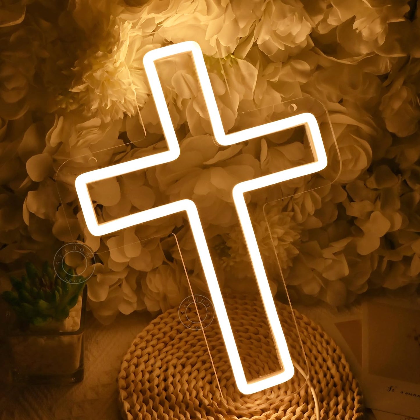 SYLHOME Cross Led Neon Light Sign Kids Bedroom Nursery Wall Sign Decor Christening Baby Shower Wedding Birthday Party Backdrop 11.8" X 8.66" USB