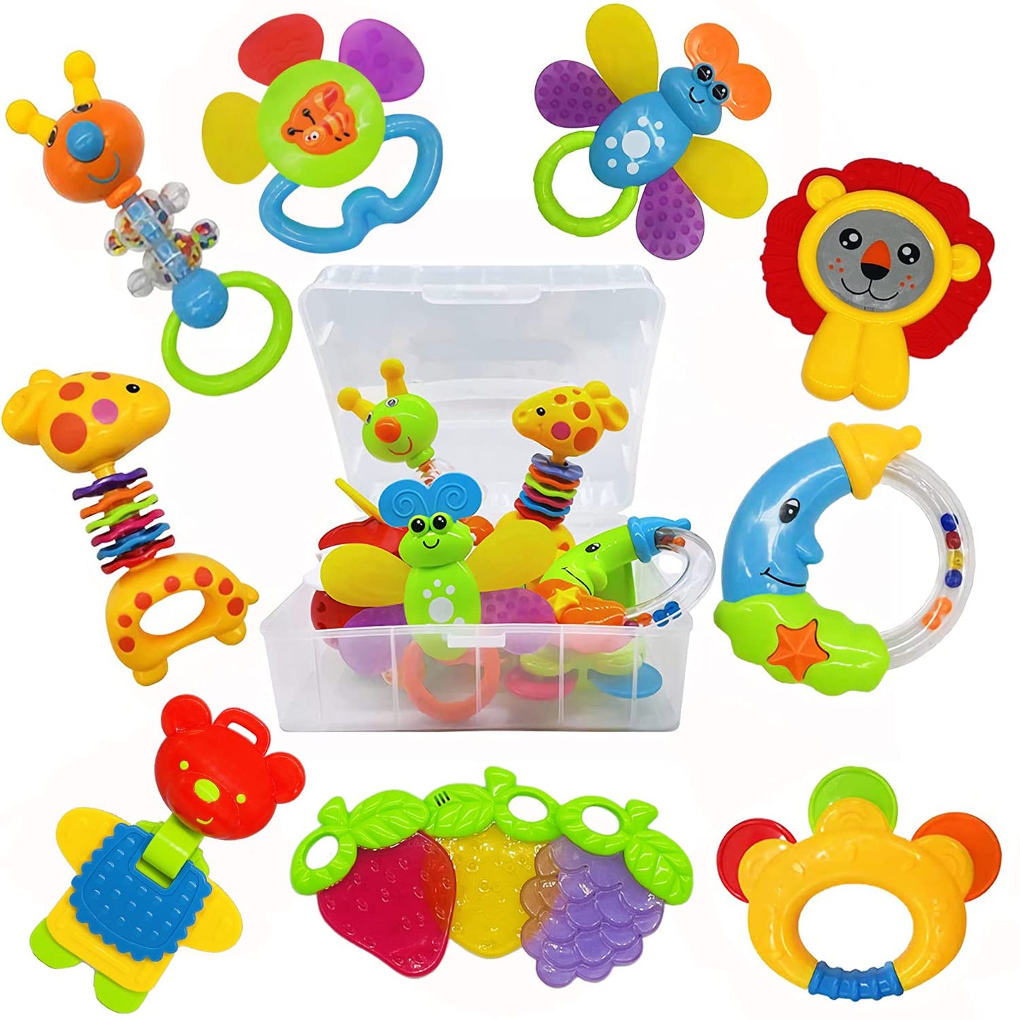 Infant Toys 0-3 Months Infant Rattles AIVIAI Baby Rattle Teether Toy Set with Storage Box Musical rattles for Newborn Girl Boy 5 6 8 9 12 Month (11pcs)