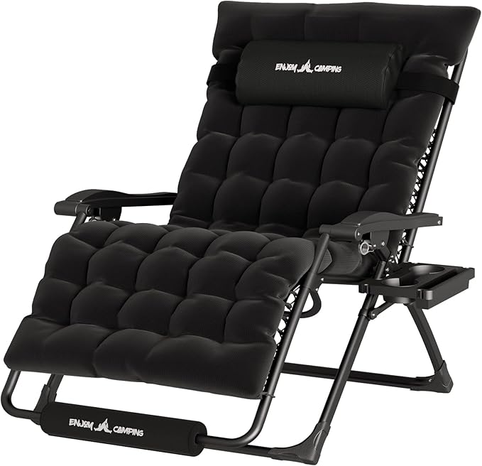 UDPATIO Oversized Zero Gravity Chair 33In XXL Patio Reclining Chair with Cushion, Outdoor Folding Recliner with Pillows|Cup Holder|Foot Rest|Padded Headrest, Black, Support 500LB