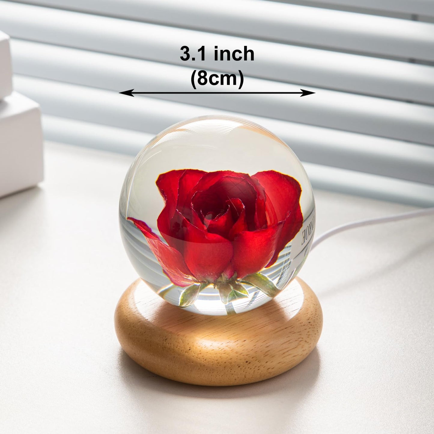 DEALFUN Real Flower Crystal Ball Night Light, Preserved Botanical Resin Sphere with Warm LED Wooden Base, Artistic Floral Lamp, Aesthetic Decor, Eternal Flower Gift for Women, Mom, Her (Rose)