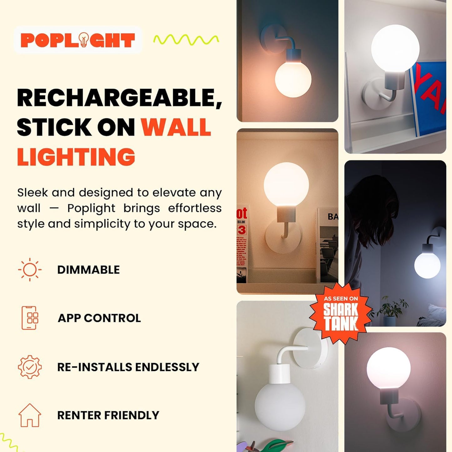 Poplight Wireless Wall Sconce (Shark Tank) Rechargeable & Dimmable LED Light w/App Control & Damage-Free Install, Moveable Modern Ambient Lighting for Elegant Home & Bedroom Decor | Popwhite