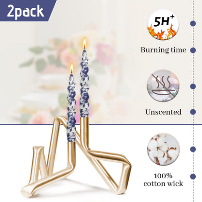 Short Taper Candle Blue and White Porcelain Candles Floral Print Spiral Candlesticks 7.5 Inch Handmade Candle Sticks for Home Wedding Party Decor Gifts Set of 2