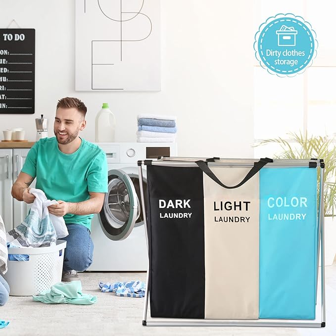 Laundry Cloth Hamper Sorter Basket Bin Foldable 3 Sections