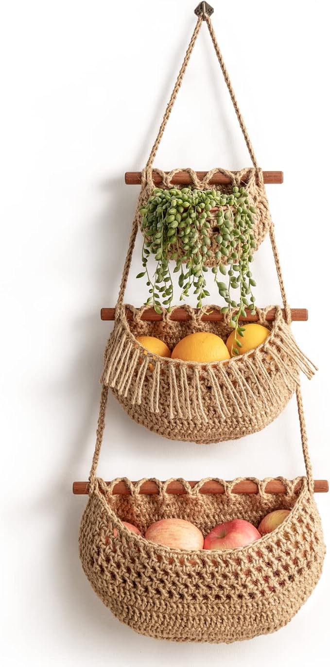 Hanging Fruit Basket, 3 Tier Over the Door Organizer, Handmade Woven Jute Wall