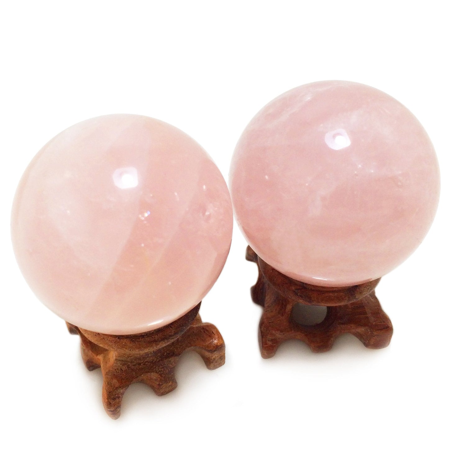Polar Jade Set of 2 Natural Rose Quartz Crystal Spheres with Wooden Stands, Hand-Polished 45 mm (1.8”) Display Balls for Meditation, Feng Shui & Mindful Décor