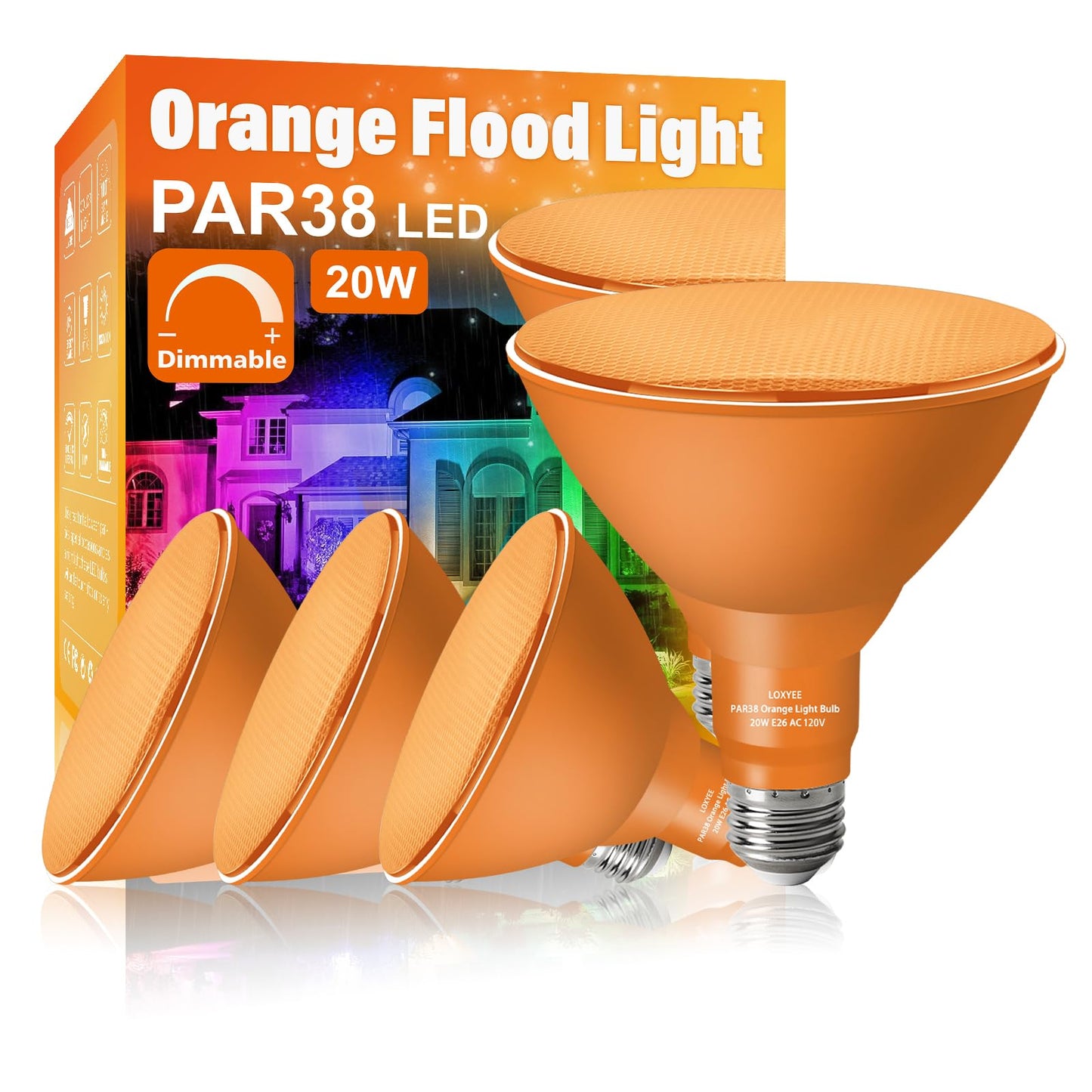 LOXYEE PAR38 Flood Orange Light Bulbs,4 Pack Dimmable,E26 Base Orange Flood Light Outoor(20W Replace to 200W),Halloween Light Bulb for Outside,Christmas,Holiday Lighting