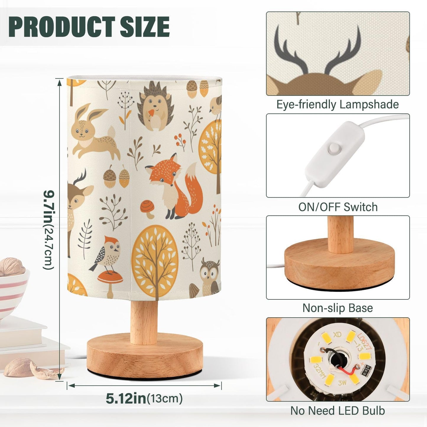 Oarencol Bedside Table Lamp Woodland Animals Nightstand Lamp with Wood Fox Owl Deer Buuny Trees Leaves Desk Lamps for Bedroom Living Room Nursery Office Home Decor