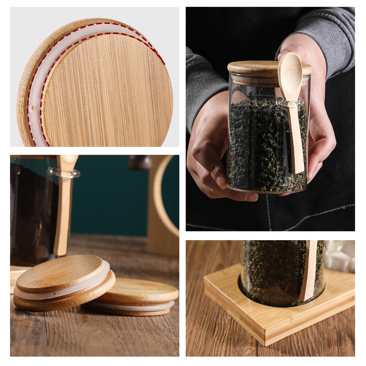GURUDAR Glass Spice Storage Container with Spoon, 3PCS 20oz Airtight Sealed Condiment Jar with Tray, Kitchen Pantry Seasoning Canister Set for Salt Coffee Sugar Tea & Bathroom Cotton Swab Ball