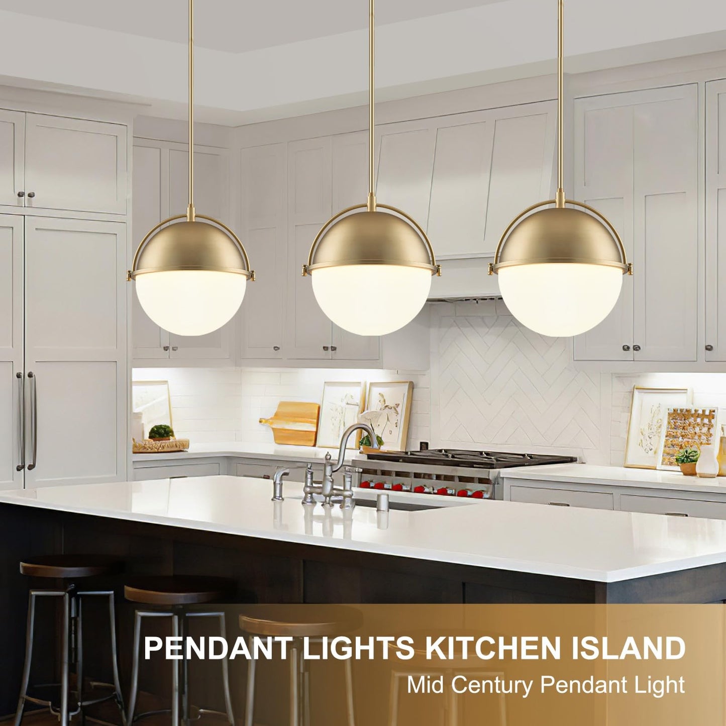 LOZOHOM 11.4 Inch Gold Globe Pendant Light Fixtures,Mid Century Modern Pendant Lights Kitchen Island with Milk Glass Shade, Adjustable Hanging Light Fixture for Kitchen Dining Room Bedroom Bathroom