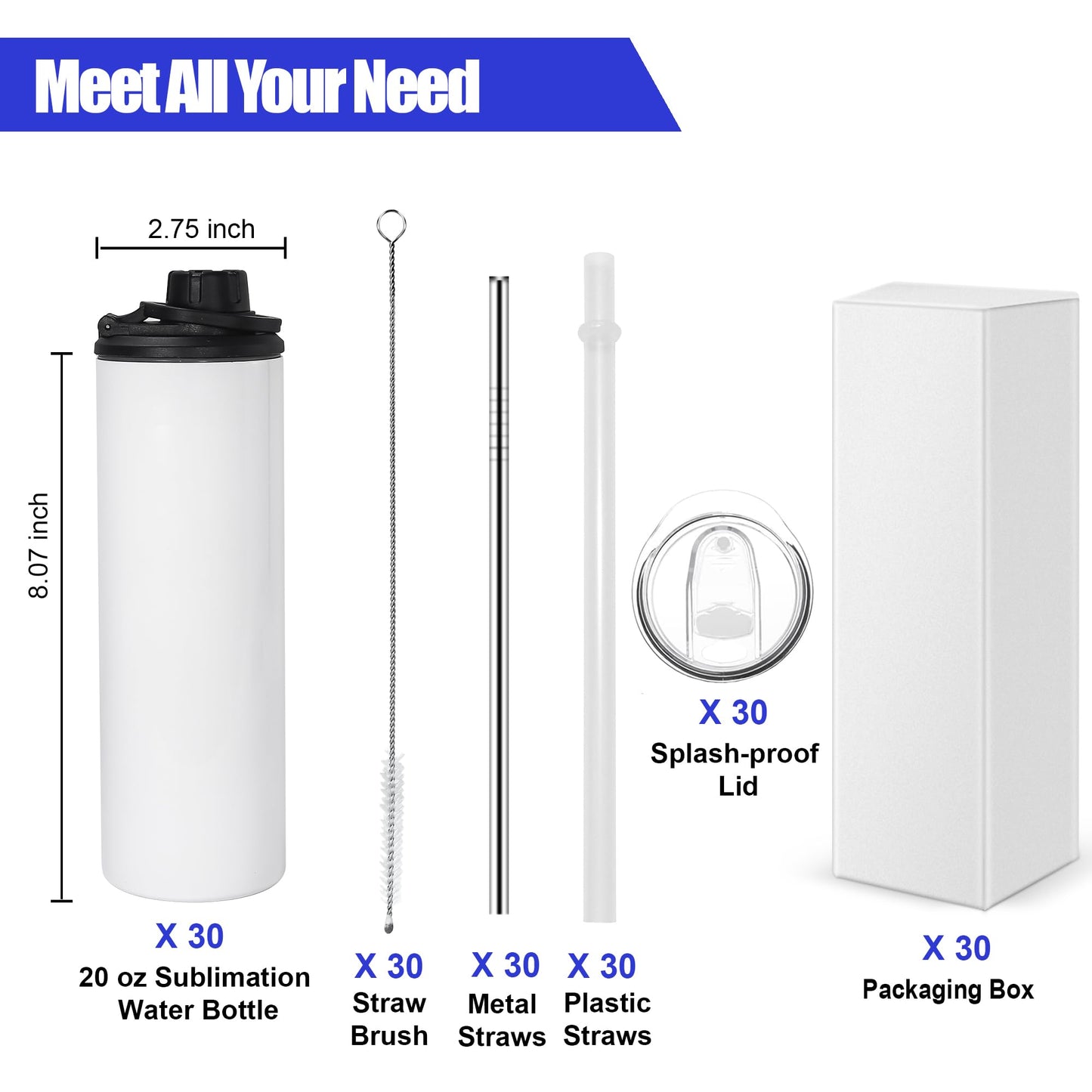 FECBK 30 Pack Sublimation Water Bottle Blanks 20 oz Sublimation Sports Water Bottle with Handle Stainless Steel Sublimation Tumbler Blanks with Lids and Straws, Individually Box, White, DIY Gift