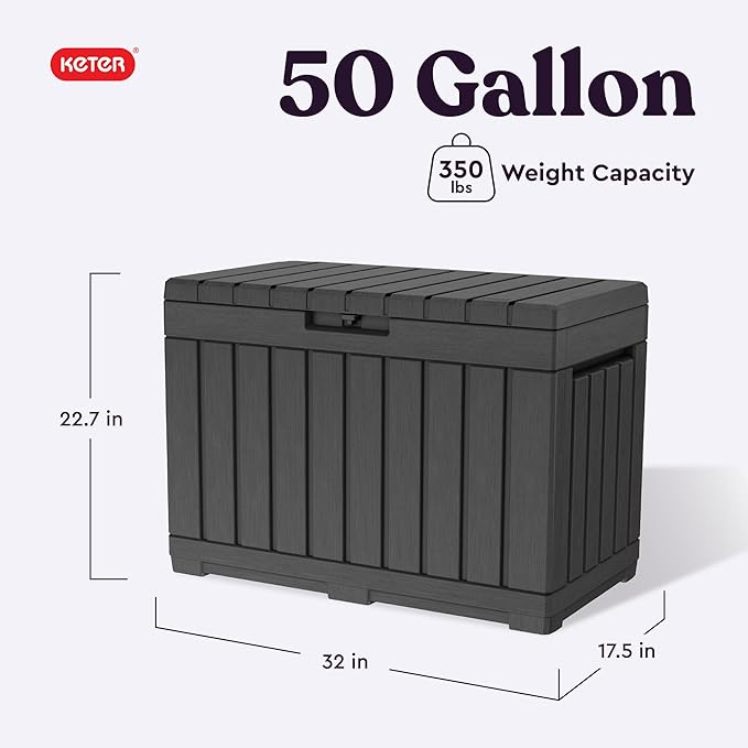 Keter Kentwood 50 Gallon Resin Deck Box for Outdoor Storage – Weather‑Resistant Balcony & Patio Box for Cushions, Throw Pillows & Garden Tools, Dark Grey