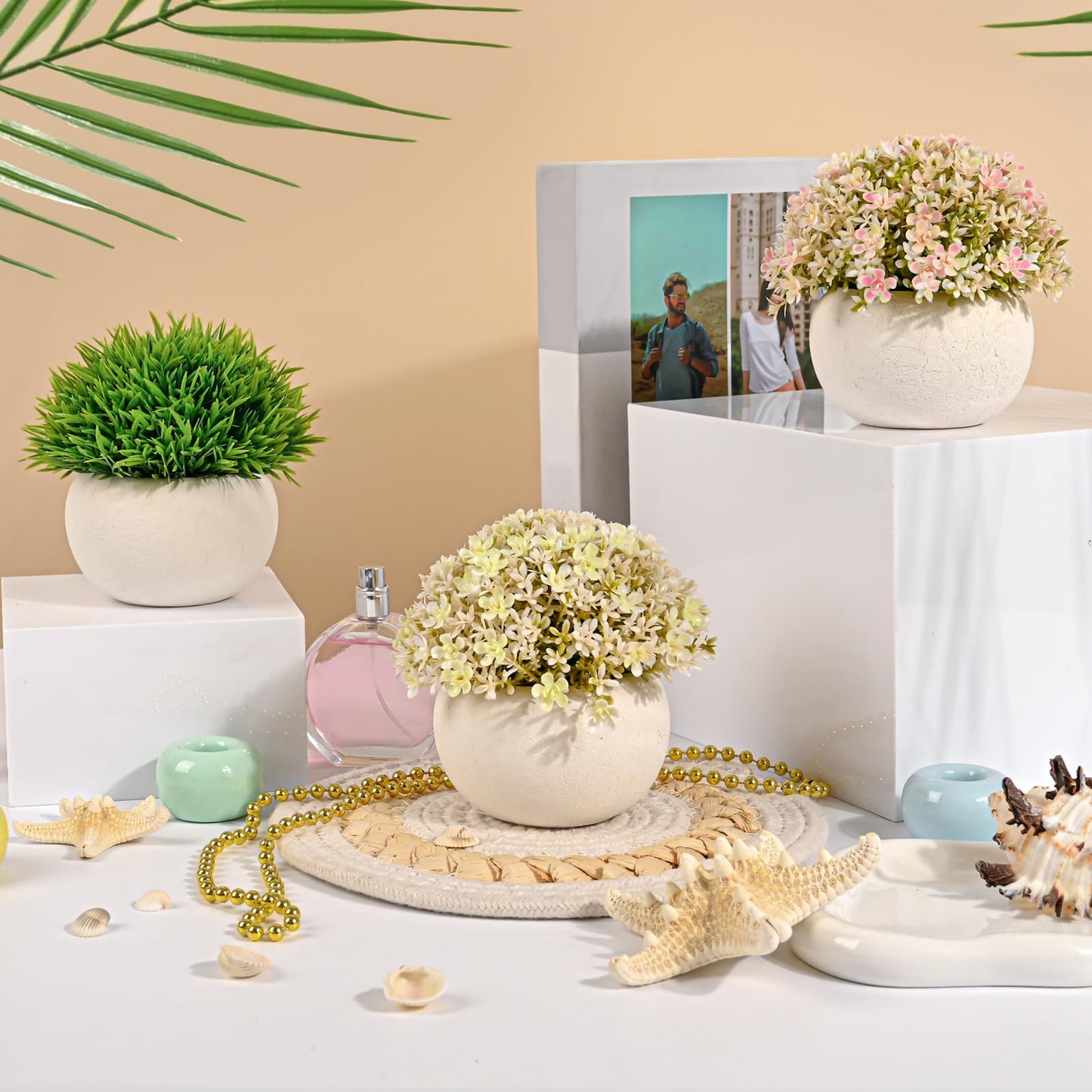 JIUYUETIAN Fake Plants-3-Pack Mini Artificial Pulp Pot Decor, 2 Lilac Flower Balls & 1 Grass, No Maintenance for Desk Bathroom Home Office Shelf