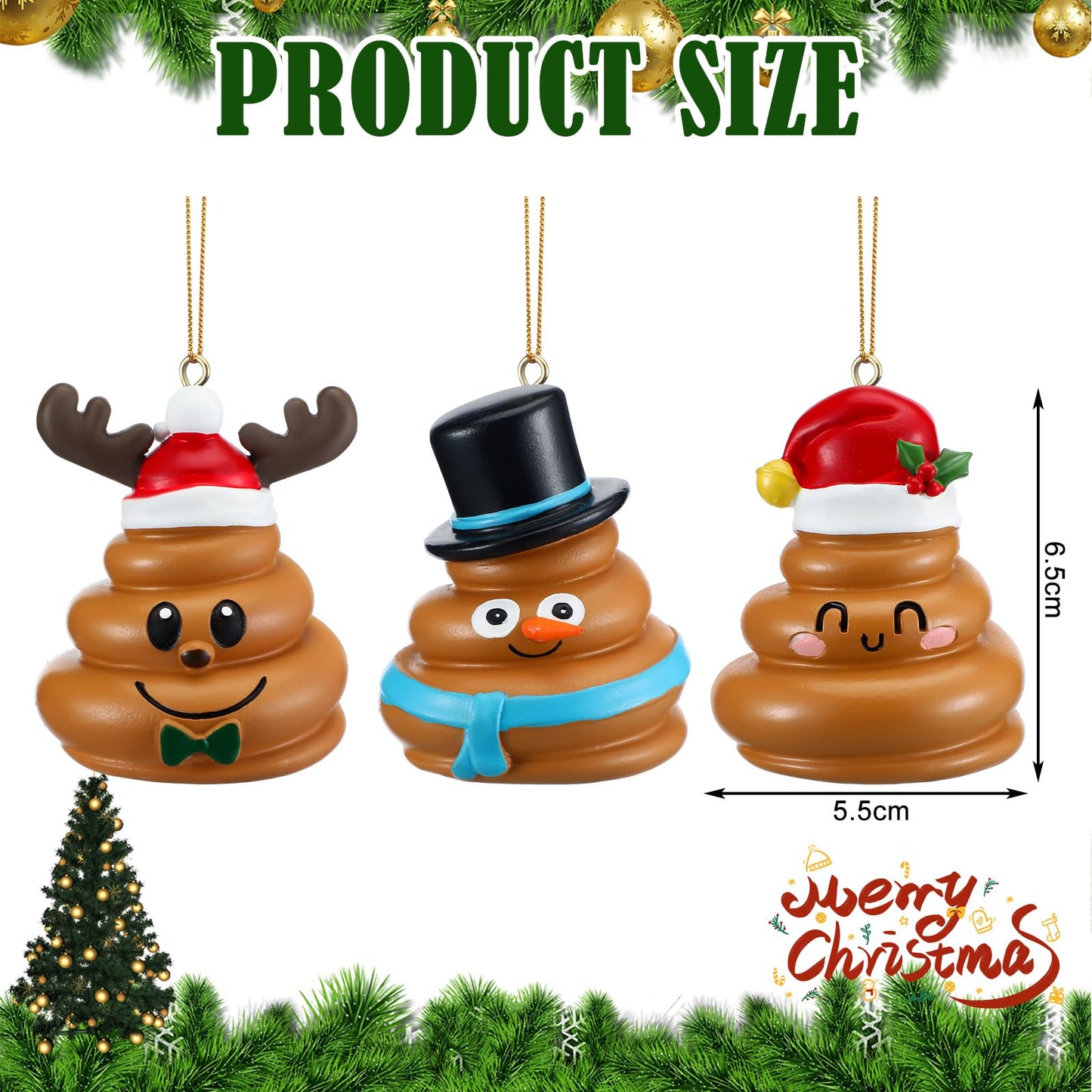 Burbell 3 Pcs Funny Christmas Ornaments for Tree Christmas Pooping Gag Gifts Resin Santa Hat Reindeer Snowman Hanging Ornaments Decor for Xmas Tree Naughty Holiday Party Favor, 3 Styles
