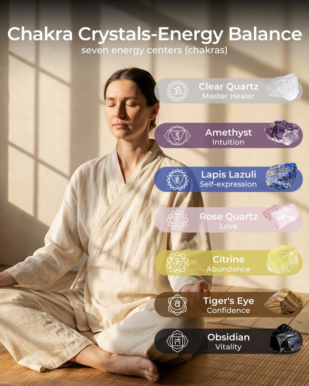 Crystals and Healing Stones Set - Chakra Crystals Gift for Women, Thumb Worry Stones, Chakra Bracelets, 7 Chakra Stones Set, Orgone Pyramid for Positive Energy Balance, Birthday Gifts for Women