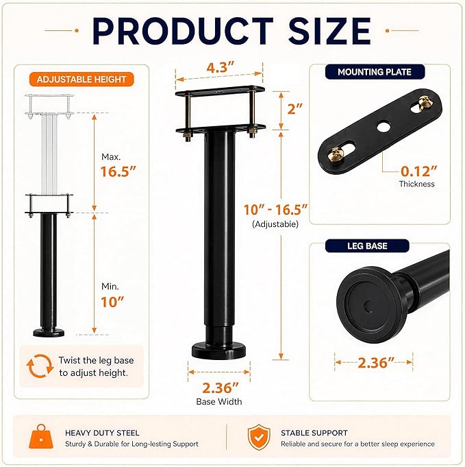 Adjustable Height Bed Frame Support Leg, Metal Bed Frame Support Legs