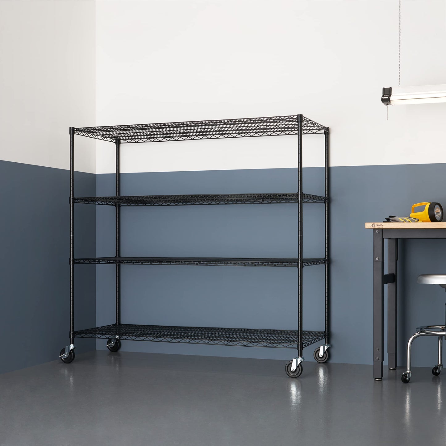 Trinity Basics 4-Tier Adjustable Wire Shelving with Wheels for Kitchen Organization, Garage Storage, Laundry Room, NSF Certified, 600 to 1800 Pound Capacity, 60” by 24” by 54”, Black