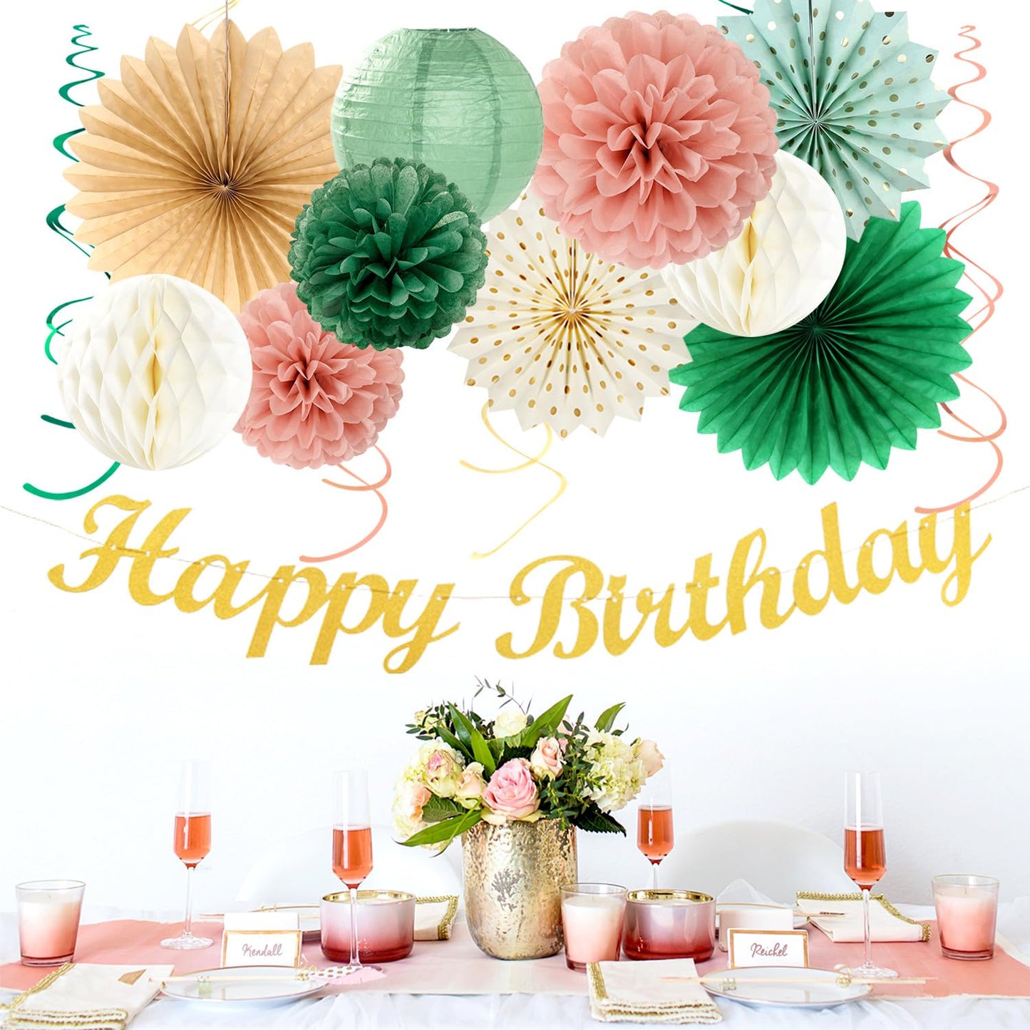 Sage-Green Pink-Gold Boho-Rustic Birthday Party-Decorations - 21pcs Happy Banner,Olive Retro Beige Paper Lanterns Pom Poms,Neutral Streamers Garland,Women Girls Decor Supplies Huglony