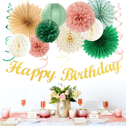Sage-Green Pink-Gold Boho-Rustic Birthday Party-Decorations - 21pcs Happy Banner,Olive Retro Beige Paper Lanterns Pom Poms,Neutral Streamers Garland,Women Girls Decor Supplies Huglony