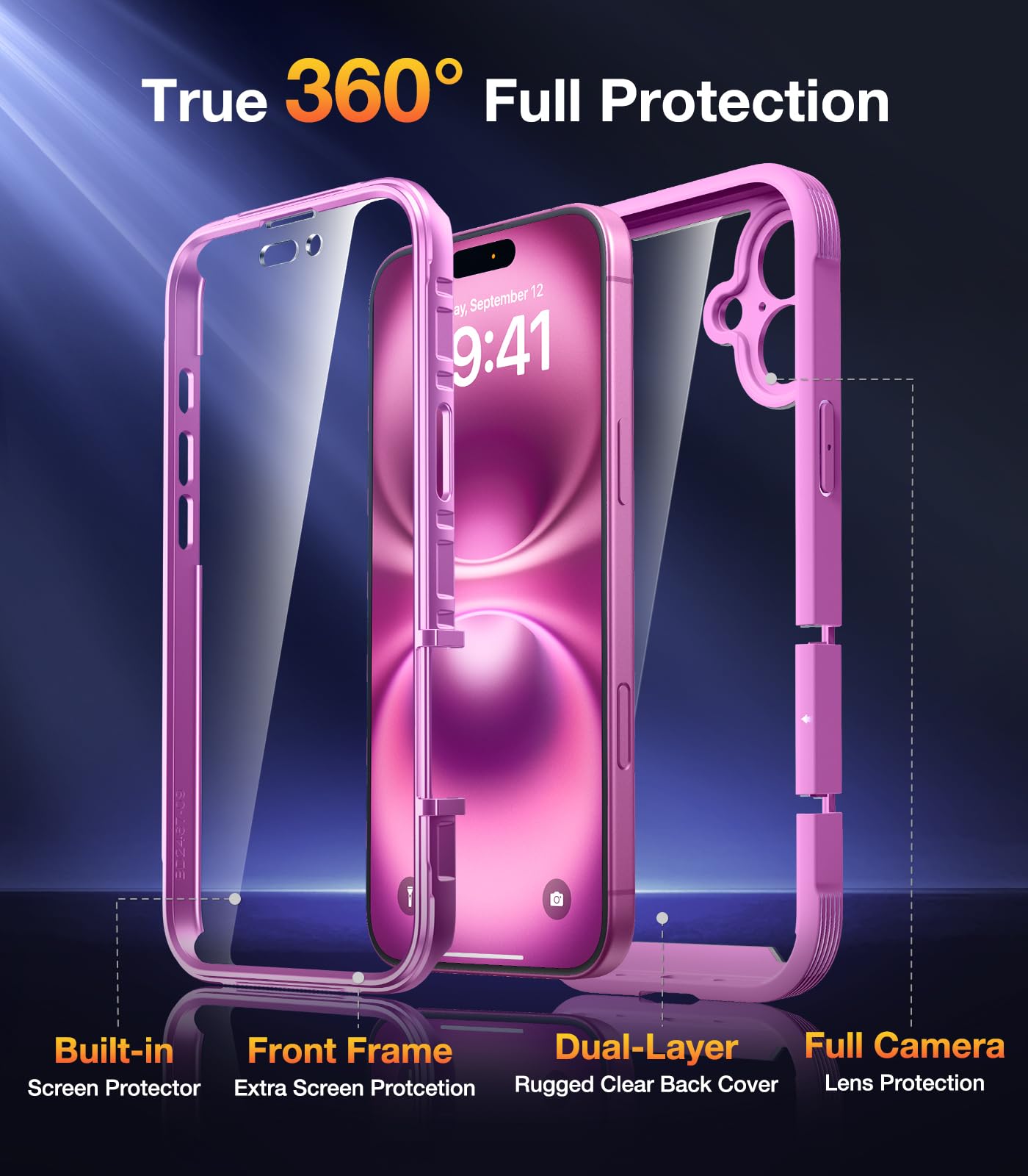 Diaclara Designed for iPhone 16 Case, Full Body Rugged Case with Built-in Touch Sensitive Anti-Scratch Screen Protector, Upgraded [Full Camera Protection] for iPhone 16 6.1" (Pink)