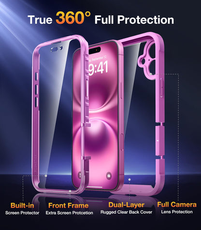 Diaclara Designed for iPhone 16 Case, Full Body Rugged Case with Built-in Touch Sensitive Anti-Scratch Screen Protector, Upgraded [Full Camera Protection] for iPhone 16 6.1" (Pink)