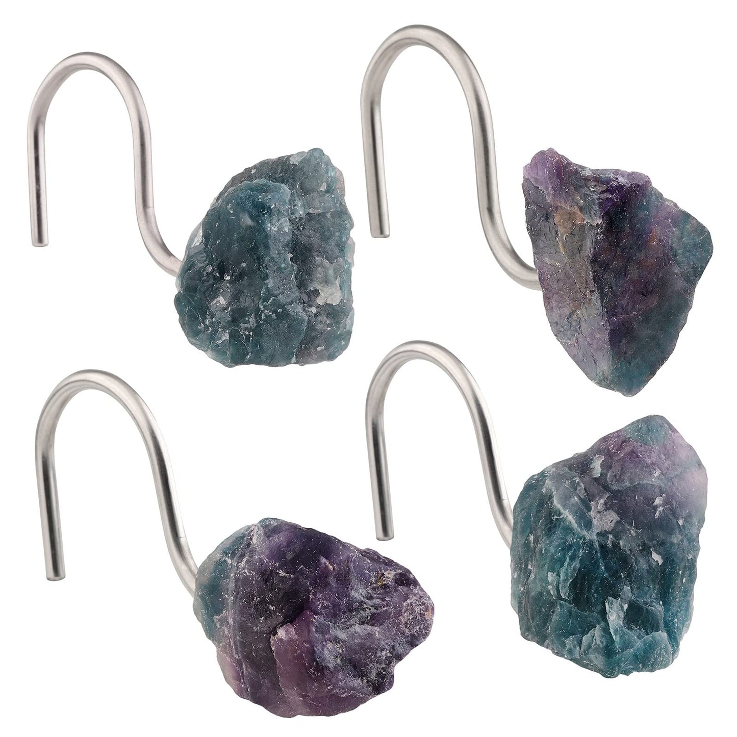 mookaitedecor Set of 4 Natural Fluorite Crystal Shower Curtain Hooks, Decorative Raw Crystals Stainless Steel Curtain Rings for Bathroom Home Decor